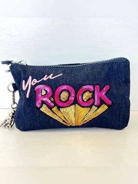 KIPLING You Rock Creativity Multicolored Sequenced Blue Canvas Cosmetic Pouch